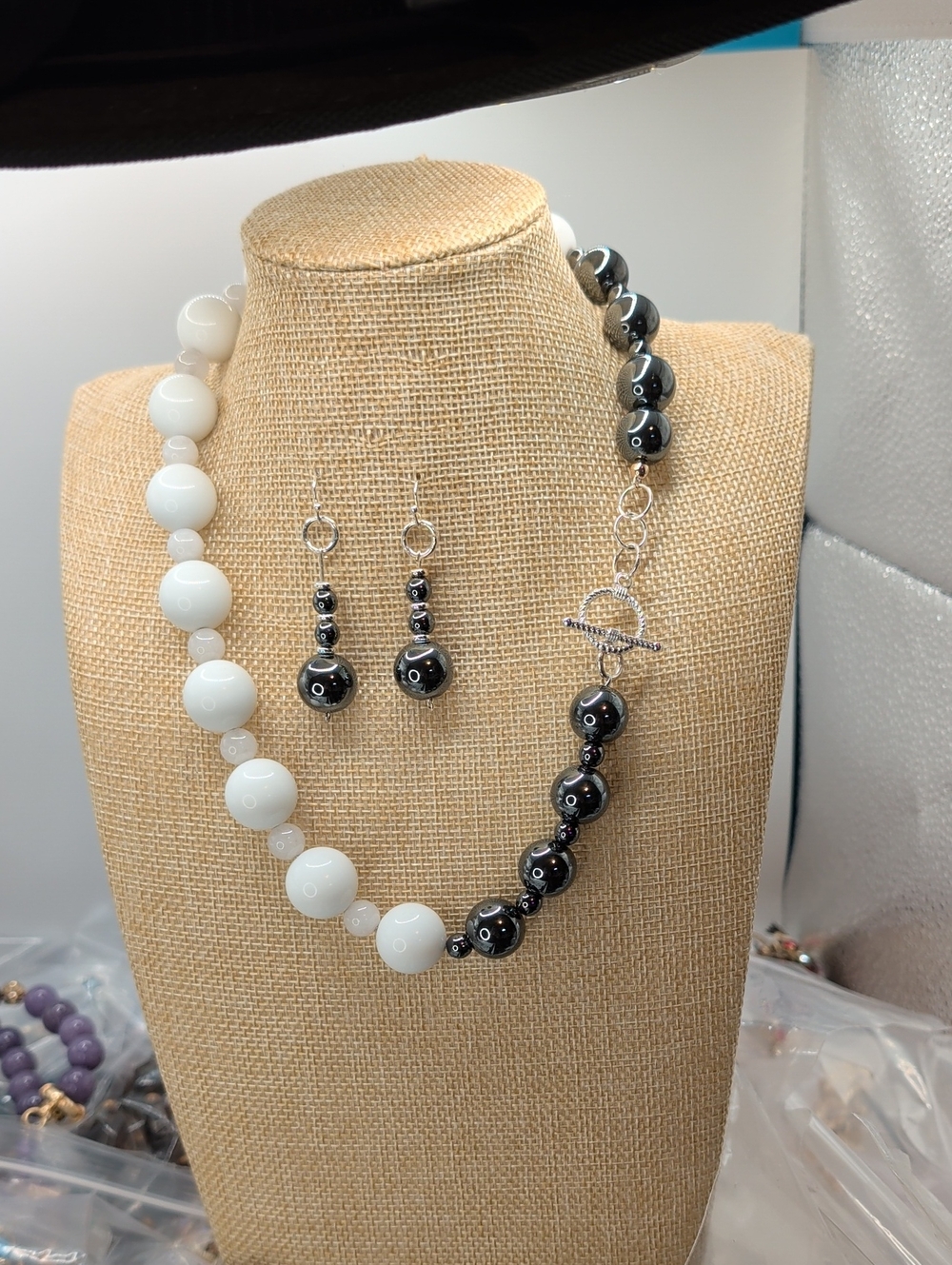 Hematite Beads, Small White Jade Beads, White Quartz Set with Matching Earrings